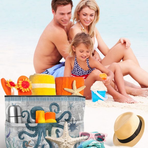 Large Octopus Patterned 7 Pocket Mesh Sand-Proof Beach Bag - Picture 5 of 5